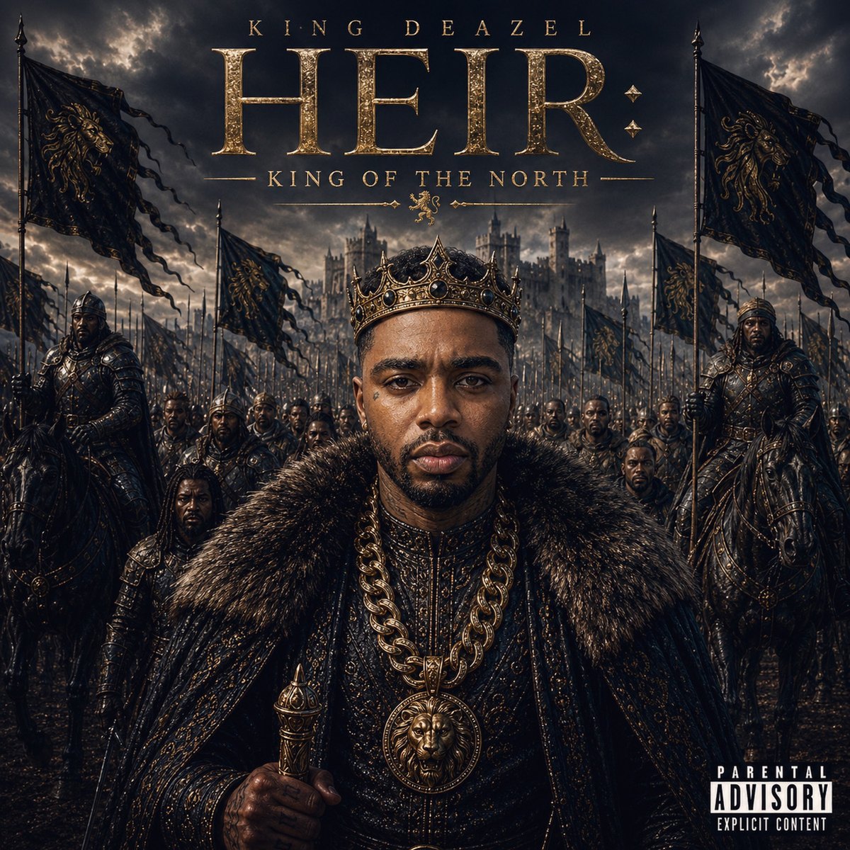 HEIR: King Of The North album cover — King Deazel in a crown and fur cloak in front of an army under black banners